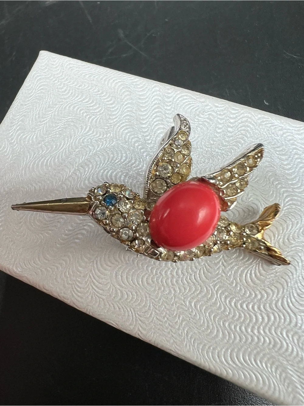 Vintage PELL Hummingbird Brooch Gold Tone Rhinestone Coral Cabochon Signed